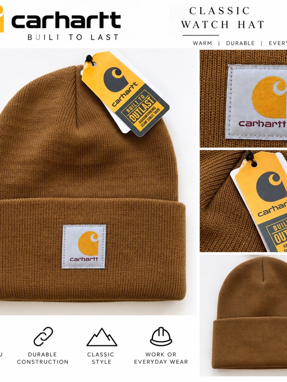 Carhartt Beanie in Brown with Gold Logo Patch NWT